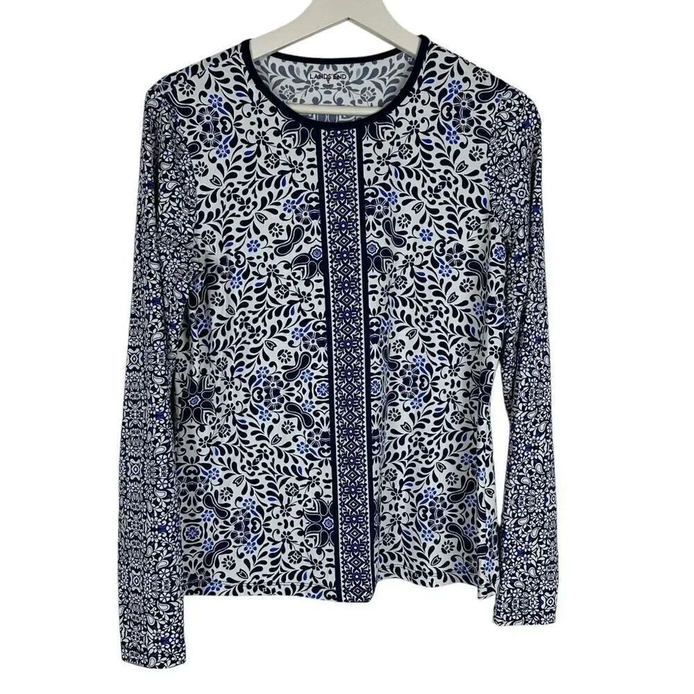 Lands' End Long Sleeve Swim Rash Guard Deep Sea Mixed Medallion size Small - Picture 3 of 7